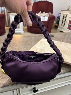 Nina Braided Crystal Starry hobo bag. 
Satin Curved Shoulder Bag in Deep Purple